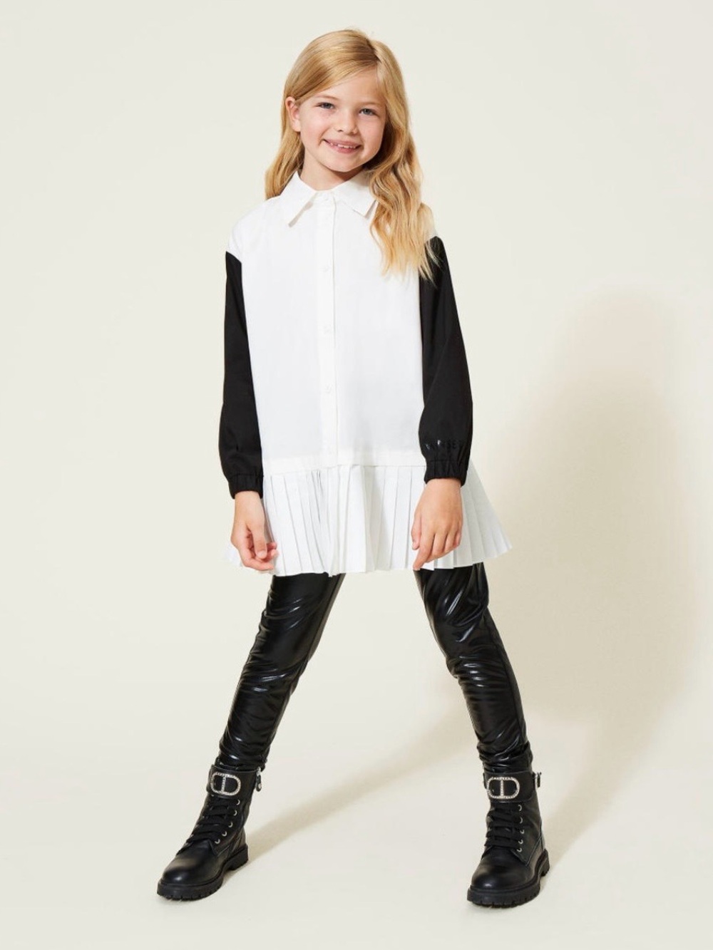 Twinset Girls Two-tone Long Sleeve Pleated Poplin Shirt Dress, Black/White, 12Y